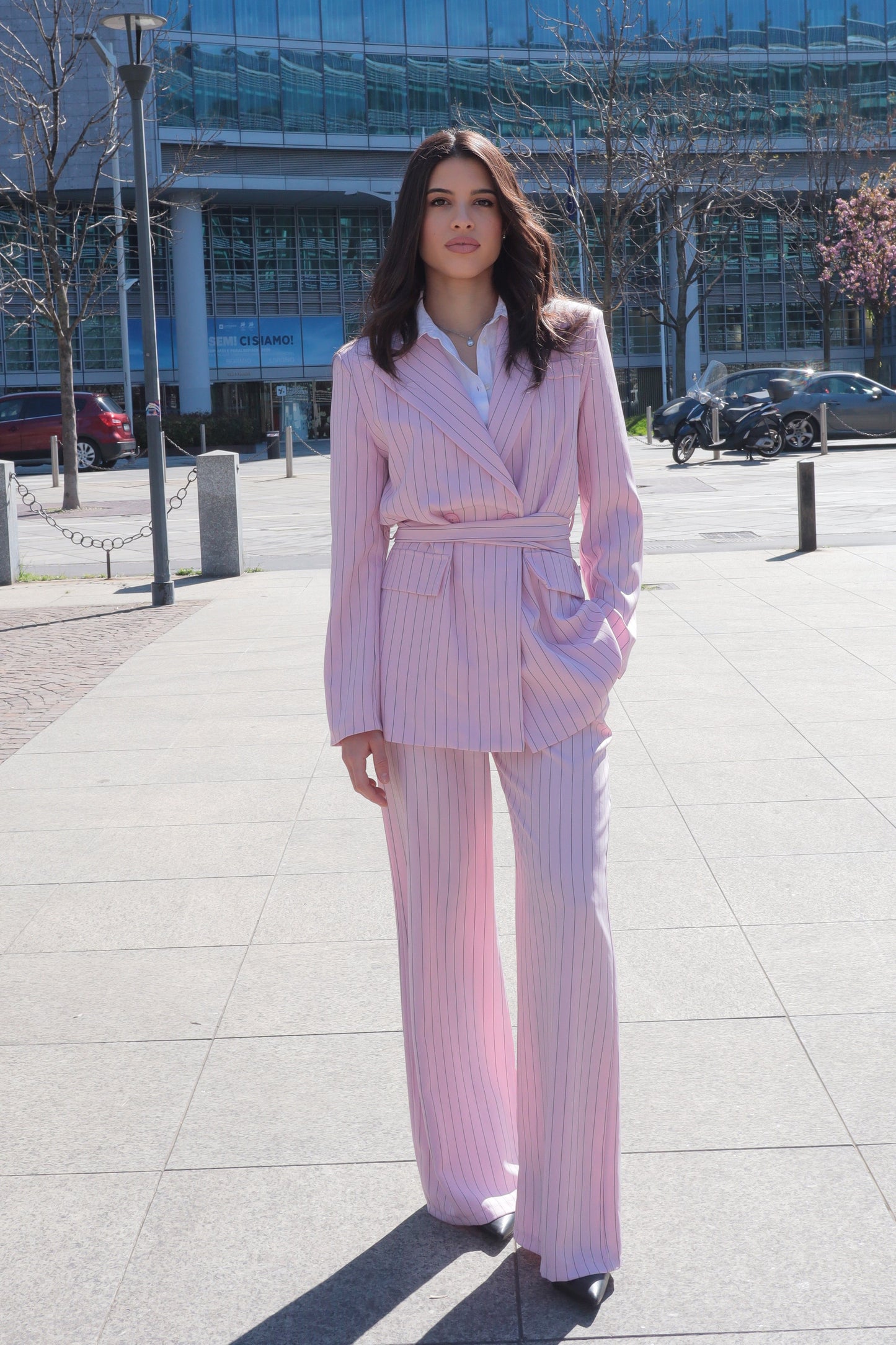 Tailleur gessato rosa