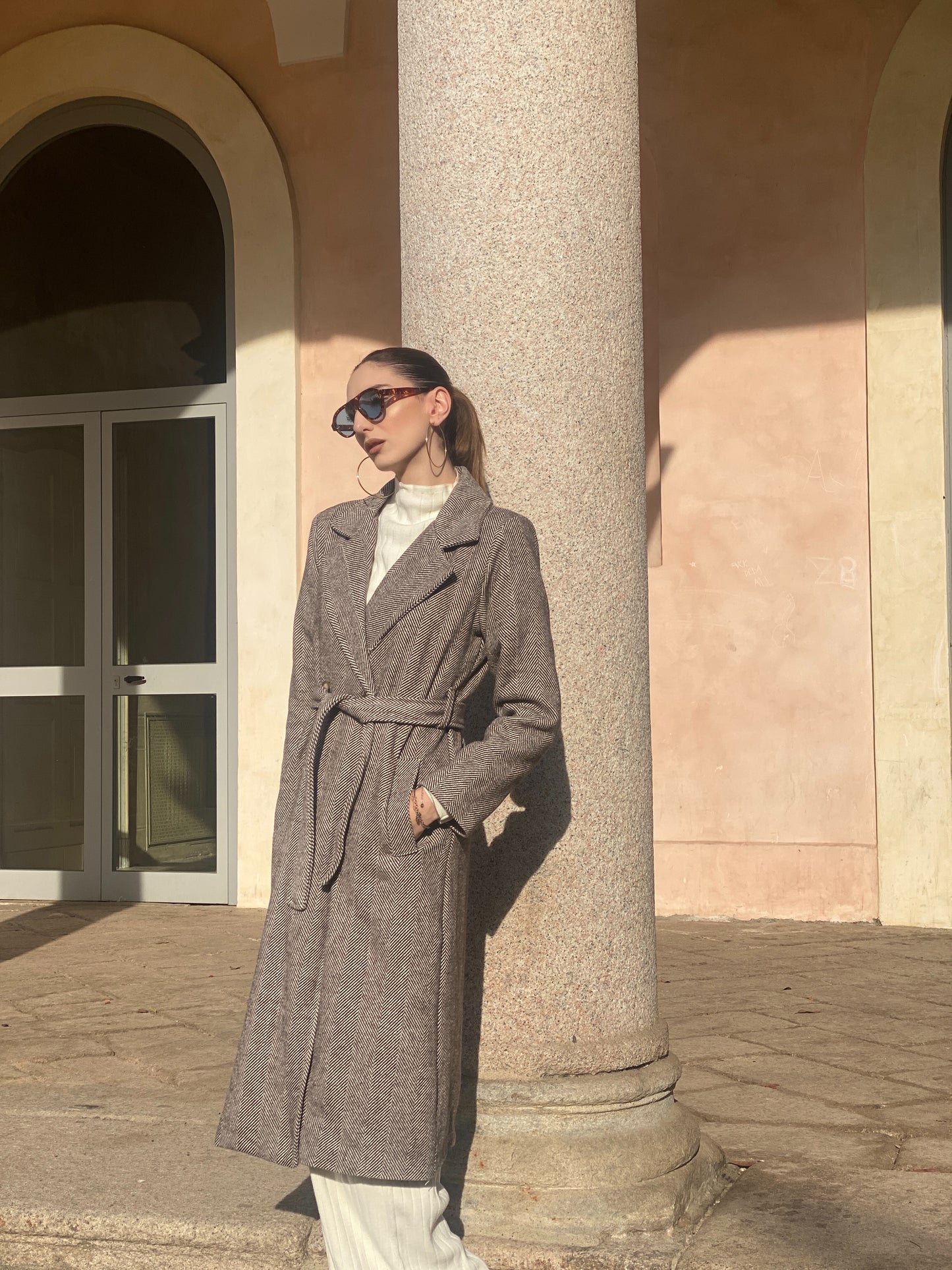 Cappotto lungo marrone spigato ESSENTIAL CHIC