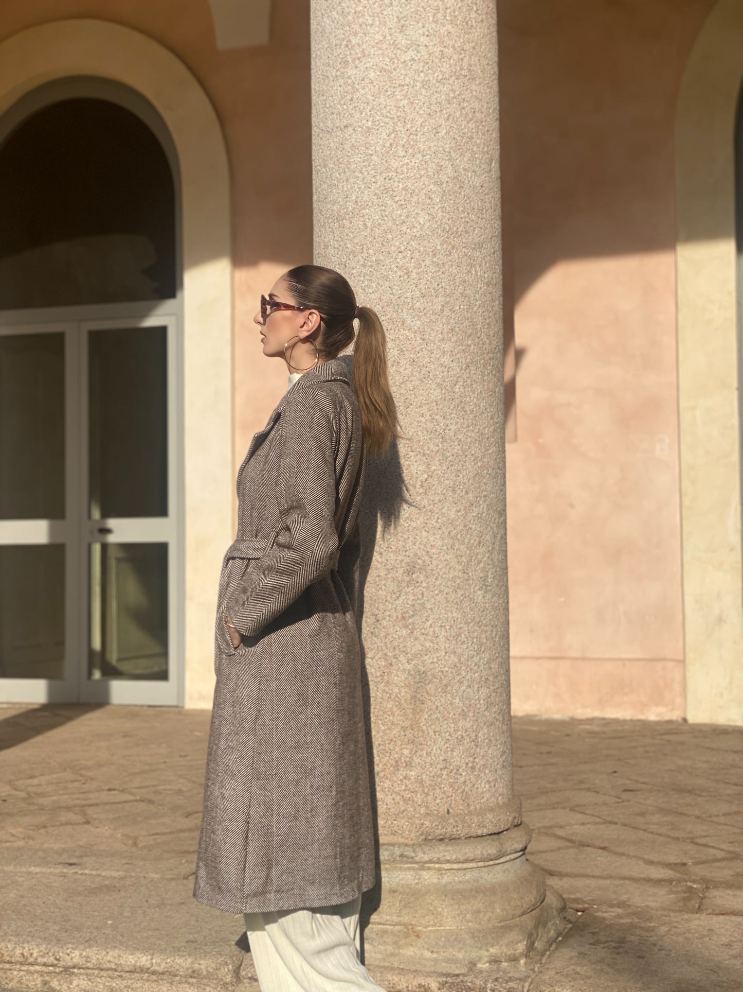 Cappotto lungo marrone spigato ESSENTIAL CHIC