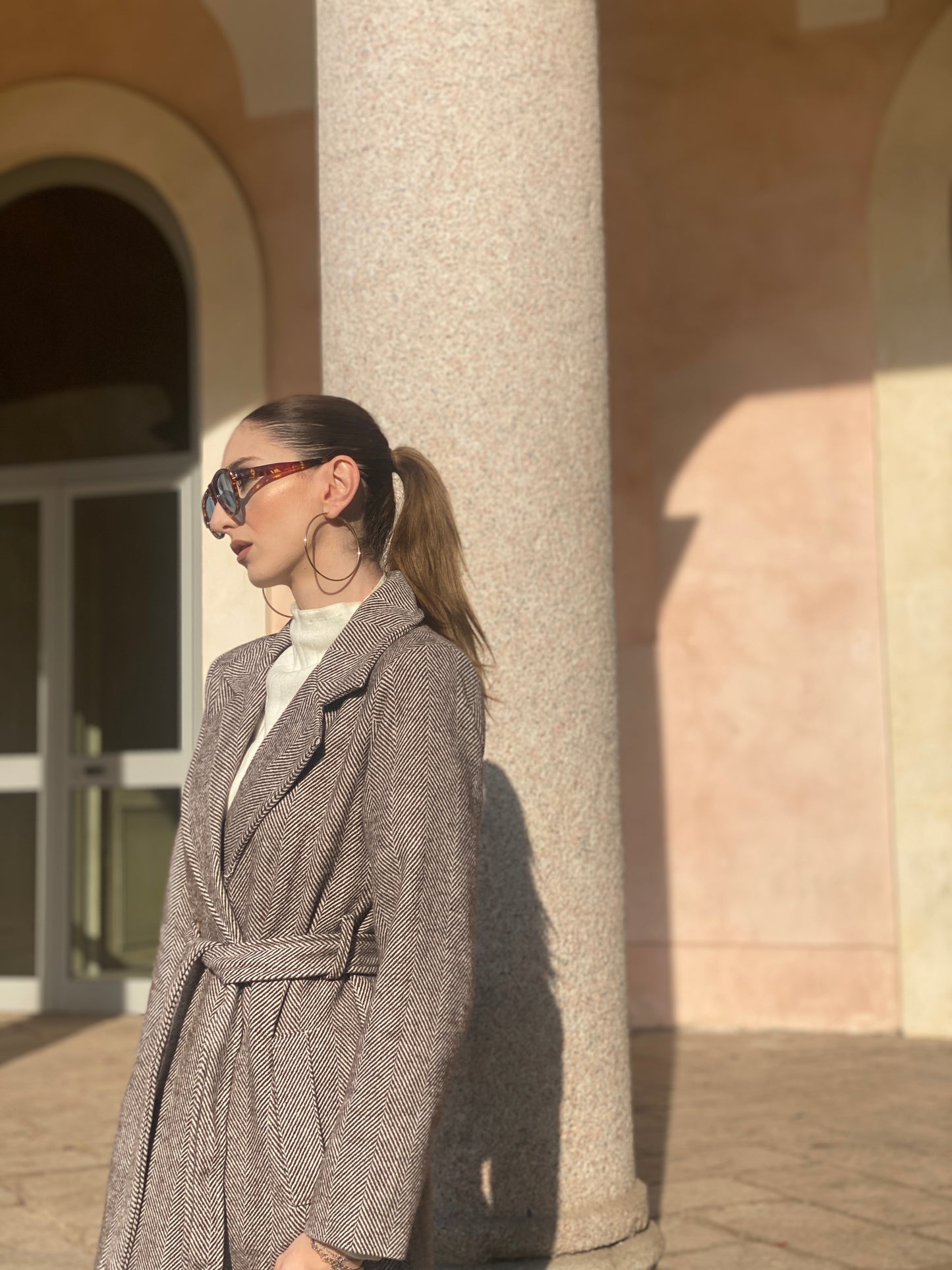 Cappotto lungo marrone spigato ESSENTIAL CHIC