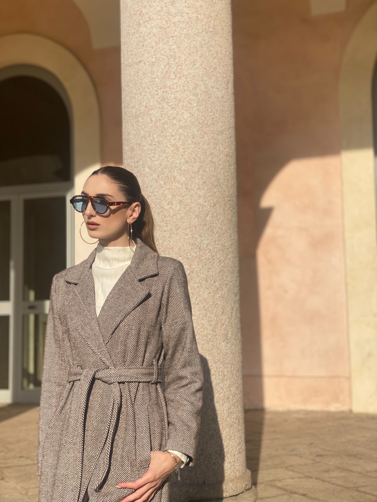 Cappotto lungo marrone spigato ESSENTIAL CHIC