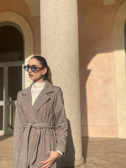 Cappotto lungo marrone spigato ESSENTIAL CHIC